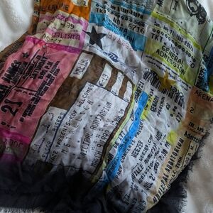 Concert Ticket Collage Print Scarf Sheer Black Eyelash Fringe Rock Graphic